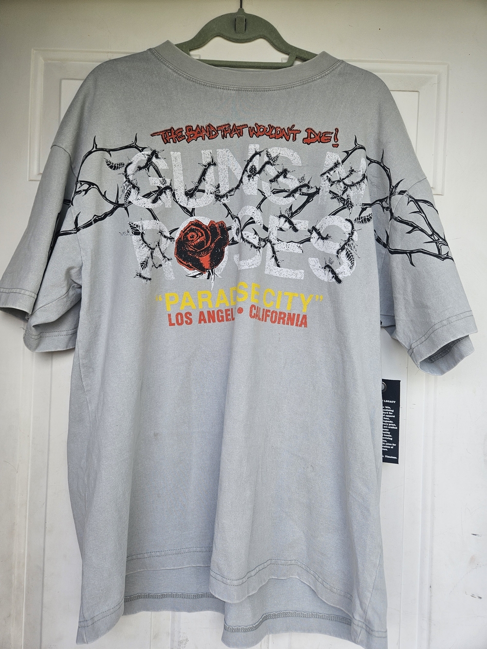 Vintage Gray Vintage Tee with Red Rose & Black Barbed Wire Graphic